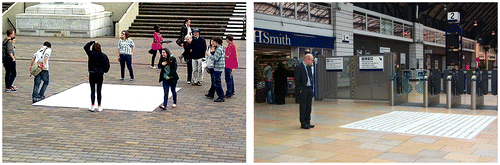 Figure 4. Examples of noticeable behaviour, people stopping to read the text (left) in Portsmouth; (right) at the concourse of Glasgow Queen Street train station.