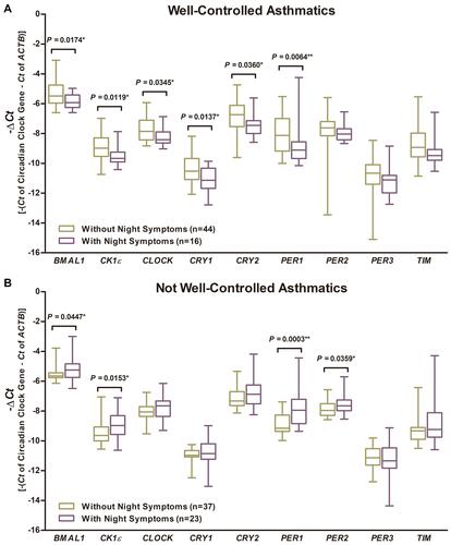 Figure 3 The expression of nine circadian clock genes in patients with and without control of bronchial asthma and with or without night symptoms. (A) In patients with well-controlled bronchial asthma, the expression of BMAL1, CK1ε, CLOCK, CRY1, CRY2, and PER1 was down-regulated in those with night symptoms compared with those without night symptoms. (B) In patients with not well-controlled bronchial asthma, the expression of BMAL1, CK1ε, PER1, and PER2 was significantly different in those with night symptoms compared with those without night symptoms. Data presented are median and range of –ΔCt [–(Ct of Circadian clock gene – Ct of ACTB gene)]. Higher –ΔCt represents a higher expression level, and vice versa. *P<0.05 and ** P<0.01 were evaluated by Mann–Whitney test using values of –ΔCt.