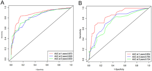 Figure 2 ROC curve and AUC of the nomogram to predict 1-, 2-, and 3-year OS in training cohort (A) and validation cohort (B).