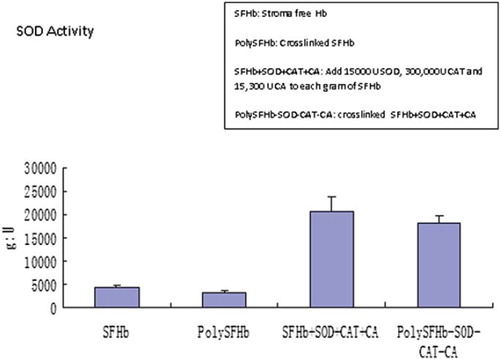 Figure 9. Superoxide dismutase activity of SFHb, PolySFHb, SFHb+SOD+CAT+CA and polySFHb-SOD-CAT-CA. SOD (1050 units/mL), catalase (21,000 units/mL), and carbonic anhydrase (1070 units/mL) were added to stroma-free hemoglobin (7 g/dl), then polymerized into PolySFHb-SOD-CAT-CA, resulting in an Hb: SOD ratio of 1g: 18,000 after crosslinking.