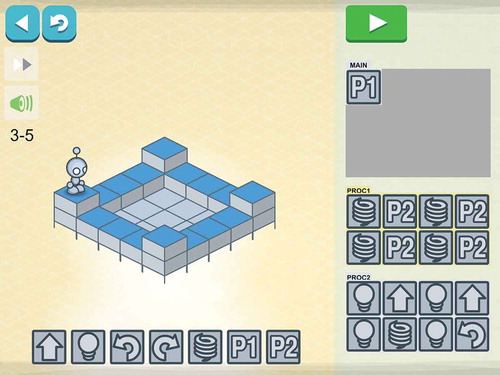 Figure 1. The Lightbot landscape of square tiles and the sequence of commands in Example 1