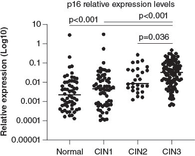 Figure 4. Relative expression values of p16 RNA in each grade of disease.p16 relative expression values were calculated by the Livak method and expressed as log 10 relative values in samples with histological grades normal, CIN1, CIN2 and CIN3. Horizontal bars indicate median values (Table 4). The statistical difference between the different groups is shown in p-values on the graph. Note that the y-axis is in log scale.