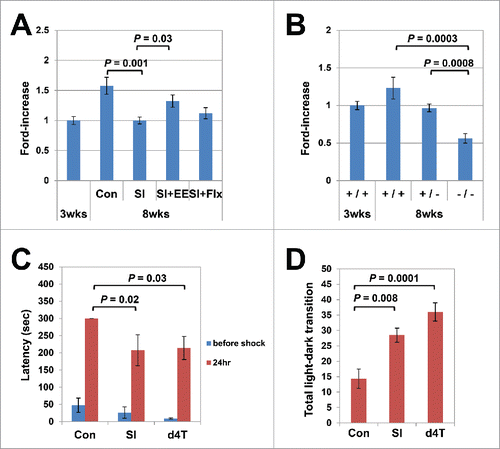 Figure 2. Age-dependent L1 increase in the hippocampus genome coupled with brain maturation. (A) Effects of social isolation (SI) and environmental enrichment (EE) on the age-dependent L1 increase. Mice were raised under SI stress for 5 weeks, beginning 3 weeks after birth, and the L1 copy numbers in the hippocampus genome were measured (Steel–Dwass test, group housing vs. SI; P = 0.001). The effects of fluoxetine treatment (Flx) and EE on the L1 copy numbers were analyzed under the same conditions. The analysis included a total of 35 mice (18 female, 17 male); 14 mice (8 female, 6 male) were raised under SI conditions, 11 (5 female, 6 male) under SI + EE conditions, and 10 (5 female, 5 male) under SI+Flx treatment. EE, but not Flx, restored the SI-induced inhibition of the age-dependent L1 increase (Steel–Dwass test, P = 0.03). The average running distance in the EE group was 23.28 km/day. (B) Inhibitory effects of mice lacking the NR2A. A total of 27 mice (13 female, 14 male): 13 wild-type mice (3-week-old; 3 female, 3 male, 8-week-old; 3 female, 4 male), 8 hetero-knockout (8-week-old; 4 female, 4 male) and 6 null mutant (8-week-old; 3 female, 3 male) mice with the same genotypes were raised in the same cages, and the L1 copy numbers in the hippocampus genome were measured at 8 weeks of age (Steel–Dwass test, wild-type vs. null knockout, P = 0.0003, wild-type vs. null hetero-type, P = 0.0008). (C) d4T administration induced abnormalities in passive avoidance. The response latency in the passive avoidance test was significantly shortened in the d4T-treated mice (Steel–Dwass test, P = 0.03). Again, the results were similar to those for the post-weaning SI mice (P = 0.02). (D) d4T administration induced abnormalities in the light/dark transition. The light/dark transition increased significantly in the d4T-treated mice (Tukey's test, P = 0.0001). The results were similar to those for the post-weaning SI mice (P = 0.008). The behavioral assay included a total of 21 mice (6 female, 15 male): 6 control mice (3 female, 3 male), 9 d4T-treated mice (3 female, 6 male), and 6 SI-treated mice (0 female, 6 male).