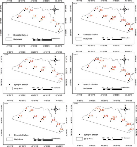 Figure 4. Average drought severity (Savg) and average drought duration (Davg) for 3-month Standardized Precipitation Evapotranspiration Index (SPEI-3) for the periods 1983–1993 (top), 1994–2004 (middle) and 2005–2014 (bottom)