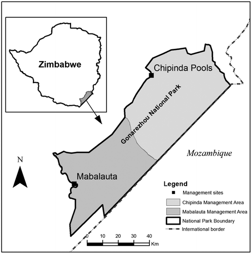 Figure 1. Location of Gonarezhou National Park and its two management sites, Chipinda Pools and Mabalauta in southeast Zimbabwe.