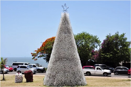 Figure 2. Christmas tree made from recycled plastic bottles in Inhambane. Source: Photo courtesy of sapo.pt, https://www.sapo.pt/noticias/atualidade/arvore-de-natal-de-maputo-junta-sete-mil_56792c5bf945fd0c5130dc16.