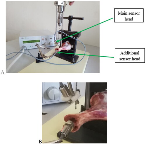 Figure 3. (A) Experimental setup with the ODRO robot and two sensor heads. (B) A closer look at the sensor heads.