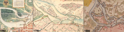 FIG. 5 Area of Burgerwerder. Development of fortification in 1562, 1750 and 1802. Fragments of plan of Weiner, Wernher (BUWr ref. 2318; ref. R 551, PDM 1.0 DEED) and Poblotzky (GStA SPK XI. HA, ref. E 72090, PDM 1.0 DEED).