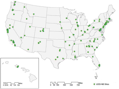 Figure 1. Proposed or certified LEED-ND site locations from 2009 to 2016.