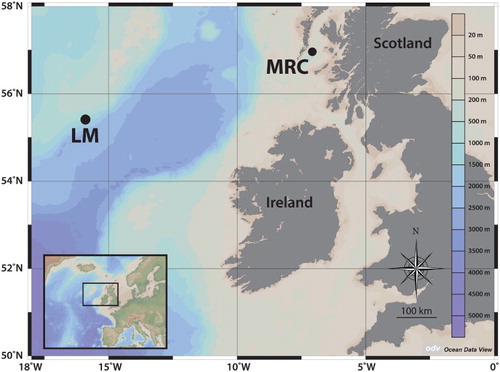 Figure 1. Sites of sample collection. Mingulay 01 area (Mingulay reef complex, MRC) and Logachev 02 mound (Logachev mounds, LM) in the northeast Atlantic.