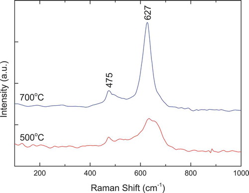 Figure 8. Raman spectra of Nd2CoMnO6 precursors calcined at 500°C and 700°C for 2 h via PVA sol-gel route