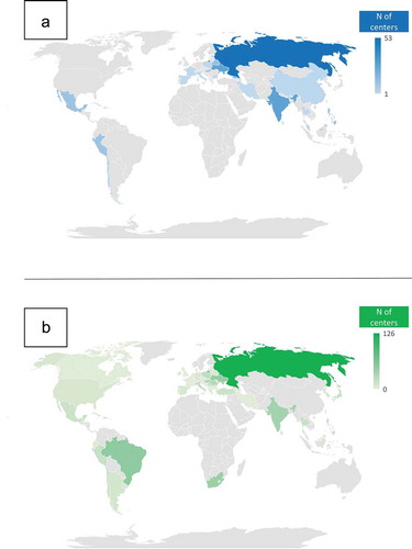 Figure 1. The global distribution of institutions involved in the clinical development of proposed (a) or approved (b) biosimilars of trastuzumab.