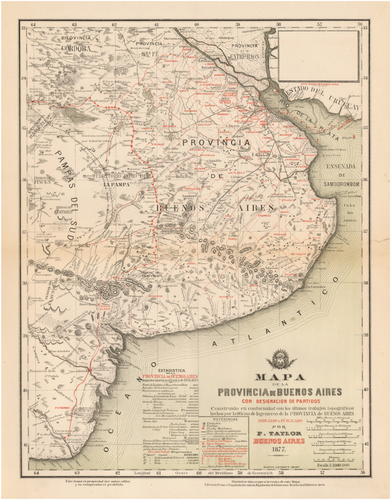 Figure 3. F. Taylor, Map of the Province of Buenos Aires, Buenos Aires, Argentina, 1877. The map shows in red the fortifications constructed at the time of the Conquest of the Desert, the state war and genocide of indigenous people. Image: Historic Argentine Cartography.
