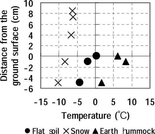 Figure 9 Comparison of temperature profiles with different surface conditions at Fenghuo Mountain pass on February 6, 2004, at 13:00 p.m. Air temperature at 1.5 m was −12.0°C with cloudy weather.