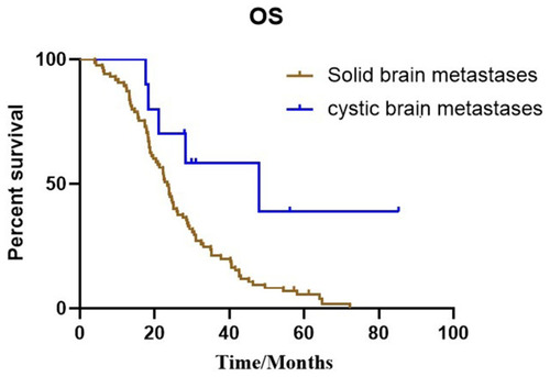 Figure 4 Kaplan–Meier estimates of overall survival in patients receiving targeted drugs, according to different types of brain metastases: solid brain metastases and cystic brain metastases (23.4 vs 47.9 months; P=0.013).