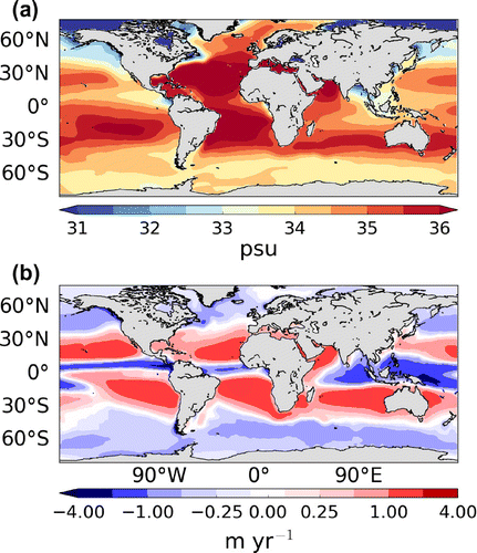 Figure 1. (a) Annual mean SSS (1955–2012) from the World Ocean Atlas (Zweng et al., Citation2013) and (b) Annual mean (1979–2014) from ERA-Interim vertically integrated moisture flux divergence. Gaussian filter applied to smooth data.