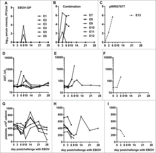 Figure 8. Viremia, AST levels, and platelet counts of EBOV-challenged macaques. Whole blood was collected from nonhuman primates at the indicated time points post challenge with EBOV. The measured parameters for each animal are shown grouped by vaccine that was administered: (A, D, G) EBOV-GP; (B, E, H) Combination; (C, F, I) pWRG7077. Serum viremia was determined by standard filovirus plaque assays.
