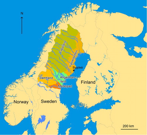Figure 1. Map of Fennoscandinavia with the counties of northern Sweden marked out. According to fourteenth-century records, the parish of Bygdeå formed the northern frontier of the “settled” area. Areas further north and northwest were regarded as wasteland or inhabited by “hunters in forests and lakes”.