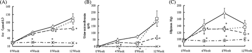Figure 2. SBp, Scr, and 24 h urinary protein excretion values during the study in the RK + vehicle group (◊), RK + 12 weeks ALA treatment group (□), RK + 8 weeks ALA treatment group (∆) and sham + vehicle group (×) group. 0 indicates the time when surgery (RK or sham operations) was done.Notes: Data are mean ±SE. *p < 0.01 versus all other treatment groups, #p < 0.05 versus RK.
