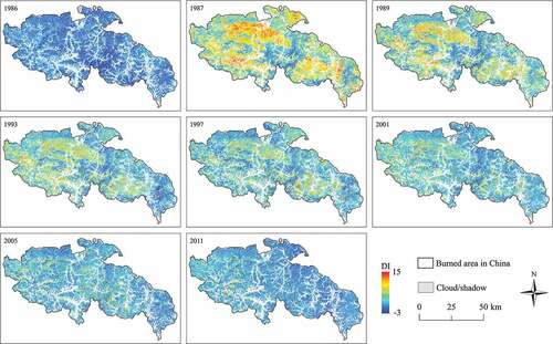 Figure 8. Spatial distribution of the DI map in the burn area, showing on a pre-fire image (1986), fire image (1987), and post-fire images (1989, 1993, 1997, 2001, 2005, and 2011).