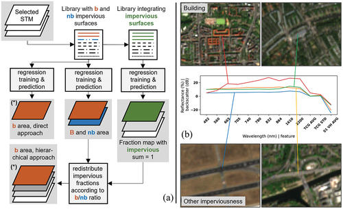 Figure 1. A: Direct and hierarchical regression-based unmixing approach with synthetically mixed training data from a pure surface feature library. STM = Spectral-temporal metrics, imp = impervious surfaces, b = building, nb = non-building impervious surfaces. Building area in (*) was validated. B: Example feature sets for two selected building and non-building impervious surfaces. TCG = Tasselled Cap Greenness, AVG = Average, STD = Standard Deviation, S1 VH AVG = Average Sentinel-1 VH Backscatter.