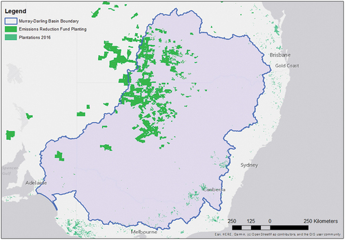 Figure 6. Plantation and carbon plantings and vegetation protection in the Basin. Note that the planting and protected area under the emissions reduction fund are approximate and the shading denote property boundaries rather than the actual area of planting. The plantation areas are from 2016 data (https://www.awe.gov.au/abares/forestsaustralia/forest-data-maps-and-tools/spatial-data/australias-plantations).