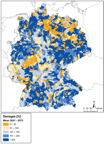 Fig. 17 Relative changes in flood related damages as average values of seven scenario runs in 2041–2070 compared to the average damages in 1961–2000 (defined as 100%). For further explanations see Hattermann et al. (Citation2014).