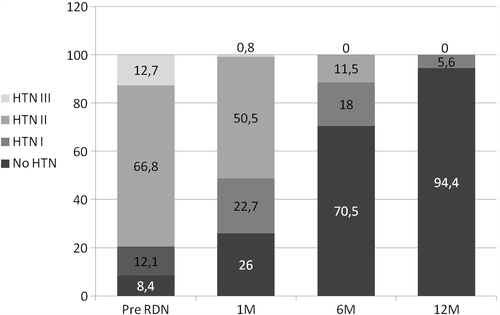Figure 3. Percentage of blood pressure measurements under target blood pressure value of 140/90 mmHg or leading to stage I, II or III of hypertension, prior to renal denervation (RDN) and at 1, 6 and 12 months follow-up.
