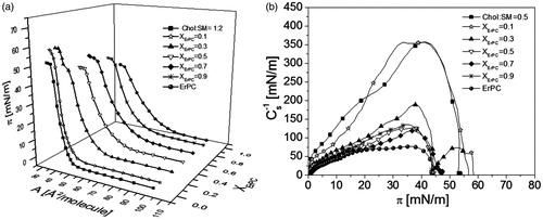 Figure 3. Surface pressure (π)–area (A) isotherms for monolayer mimicking lipid raft and ErPC (a) surface pressure–area isotherms; (b) compressibility modulus vs. surface pressure plots.