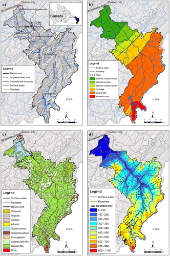 Figure 1. (a) Chaudière River watershed with a digital elevation model as background. The Appalachian Piedmont extends northward and the Appalachian Uplands southward from the marine limit. Locations of major municipalities are indicated with white circles; surface water bodies are shown (the same applies for the following figure parts). (b) Simplified tectonostratigraphic units (modified from Slivitzky and St-Julien Citation1987). (c) Simplified Quaternary geology (modified from Caron Citation2012). (d) Regional potentiometric surface. Black dots indicate measured groundwater levels.