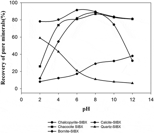 Figure 6. Hallimond flotation recovery as a function of pH at collector concentration 6 × 10−5 M.