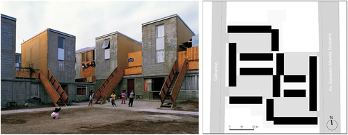 Figure 2. Quinta Monroy incremental housing project: view in 2006 (left) and site plan (right).