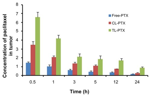Figure 5 Mean paclitaxel concentration in tumor tissue at each time point after treatment with free PTX, CL-PTX, and TL-PTX. Paclitaxel was extracted from the tumors and measured by ultraperformance liquid chromatography.Notes: There were five mice per group per time point. Bars represent the mean ± standard deviation.Abbreviations: CL-PTX, paclitaxel-loaded conventional liposomes; TL-PTX, paclitaxel-loaded targeted PEGylated liposomes; Free PTX, paclitaxel dissolved in Cremophor EL.