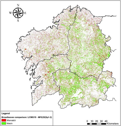 Figure 16. Graphical representation of the spatial comparison of the Broadleaves distribution in the LCMG19 and the MFE Level 2: the LCMG19 vs the MFE considering SP1 and SP2. In green: pixel matches; in red: pixel mismatches.