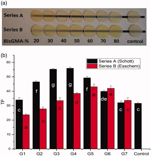 Figure 1. (a) Visual image of 1 mm thick resin composite specimens placed over a black line. (b) Translucency parameter mean values (TP) of experimental resin composites. Vertical lines represent standard deviation. The same letters inside the bars represent non-statistically significant differences (p > .05) among the materials.