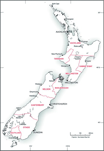Figure 1 Location map of New Zealand, showing provincial boundaries in 1865.