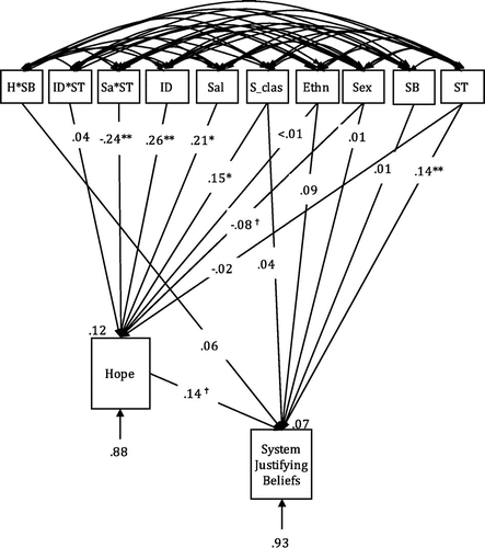 Figure 2. Statistical model for the interactive effects of group status and identification on system justification via hope for future in-group enhancement when group status is stable or unstable.