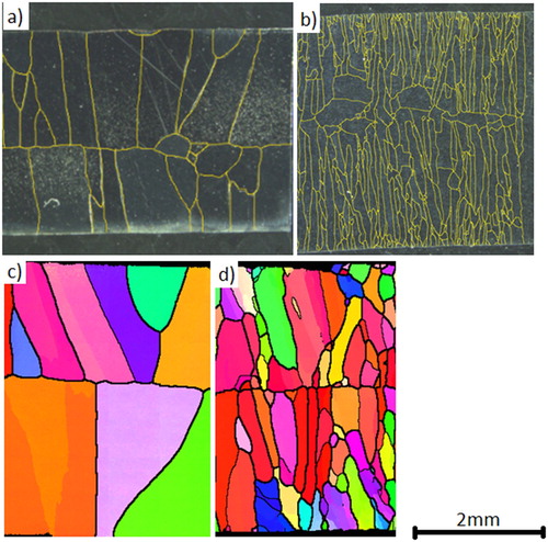 Figure 2. (a) and (b) Optical micrograph of cast numbers 1 and 9, respectively. (b) and (c) EBSD scans of casts 2 and 12, respectively.