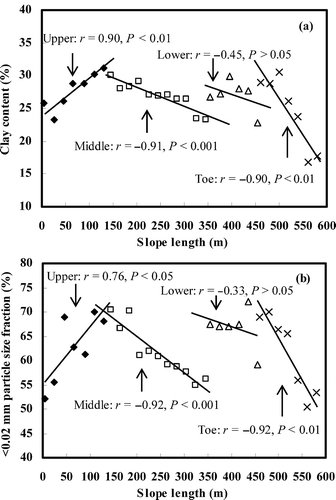 Figure 3 Distribution of fine soil particles along the hillslope: (a) clay; (b) < 0.02 mm particles.