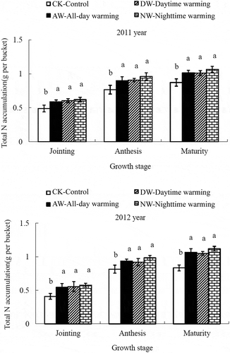 Figure 2 Effect of asymmetric warming on the total nitrogen (N) accumulation of rice (Oryza sativa L.) in three growing stages. The vertical bars indicate the standard error (n = 3). Different lowercase letters between the treatments in each growth stage indicate significant differences at p < 0.05.