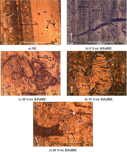 Figure 16. Optical photo micrographs of NE and KPafRE composite at 30 N applied loads subjected to 6.72 km sliding distances and 2.83 m/s counterface sliding velocity.(Remarks: BFt = Back Film Transfer, Ws = Wear Scar, Pd = Plastic Deformation, Wd = Wear Debris, Fr = Fracture, Dl = Delamination, Cr = Crack, Ld = Large Debris, Df = Detached Fibre, Db = Debris, De = Debonding, Lf = Loose Fibre)