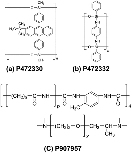 Figure 8. CRU examples of a polymer without a definable IUPAC structure-based name; CRUs for ladder polymer (a) P472330 and (b) P472332, and CRU for star polymer (c) P907957.