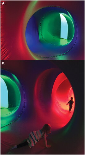 FIGURE 2 Arboria, 2019: (A) mixed colors; (B) playing.