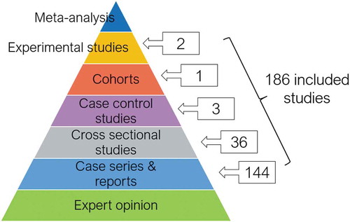 Figure 4. Included studies by hierarchy of evidence.Figure adapted from: “Introduction to EBM” Centre for Evidence Based Medicine, Oxford UK. Available from https://www.cebm.net/cebm-presentations/[Accessed 6 September 2019].