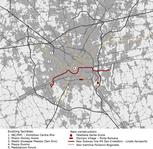 Figure 2. The venues and the infrastructures in the Milan urban cluster of the Milan-Cortina Winter Games 2026 (map elaborated by Elena Batunova on the basis of the Bidding Dossier).