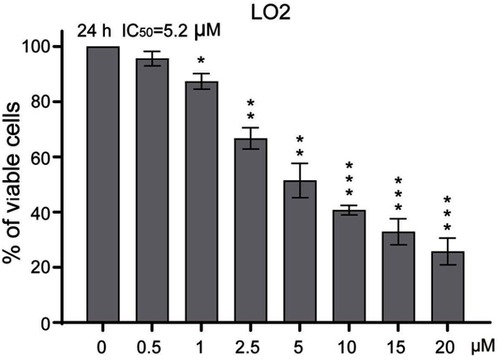 Figure S1 Sanguinarine (SNG) shows little toxic effect in normal LO2 cells. Cell viability was analyzed using MTT cell proliferation assay kits. LO2 cells were treated with different concentrations of SNG (0, 0.5, 1, 2.5, 5, 10, and 20 μM) for up to 24 hrs. IC50 values were calculated. All images shown here are representative of three independent experiments with similar results. Data are shown as mean ± SEM (n=3) (*P<0.05, **P<0.01, ***P<0.001).