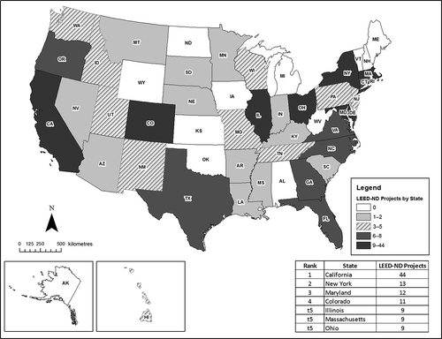 Figure 2. Spatial distribution of LEED®–ND™ projects by core-based statistical area.