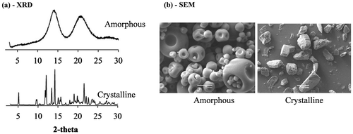 Fig. 3. XRD (a) and SEM (b) of amorphous and crystalline α-cyclodextrin powders (adapted from Ho et al.Citation16)).