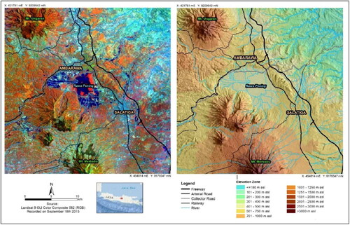 Figure 1. Study area as presented using Landsat false colour composite and SRTM hillshade images.