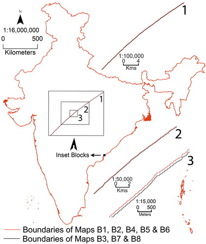 Figure 7. Boundaries of maps with various projections and datums. Insets 1 to 3 are enlargements of segments (from inset blocks) of boundaries at different scales.